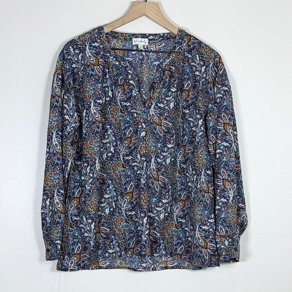 Wonderly Womens Paisley Blouse Size S Blue Relaxed Long Sleeve V Neck Peasant